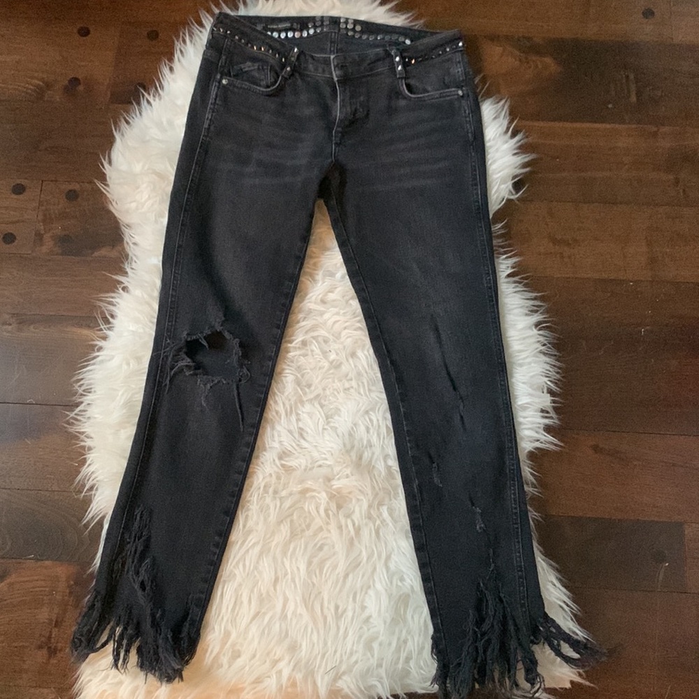 Zara trafaluc black studded & frayed distressed denim, chewed hems, black denim - Picture 6 of 16